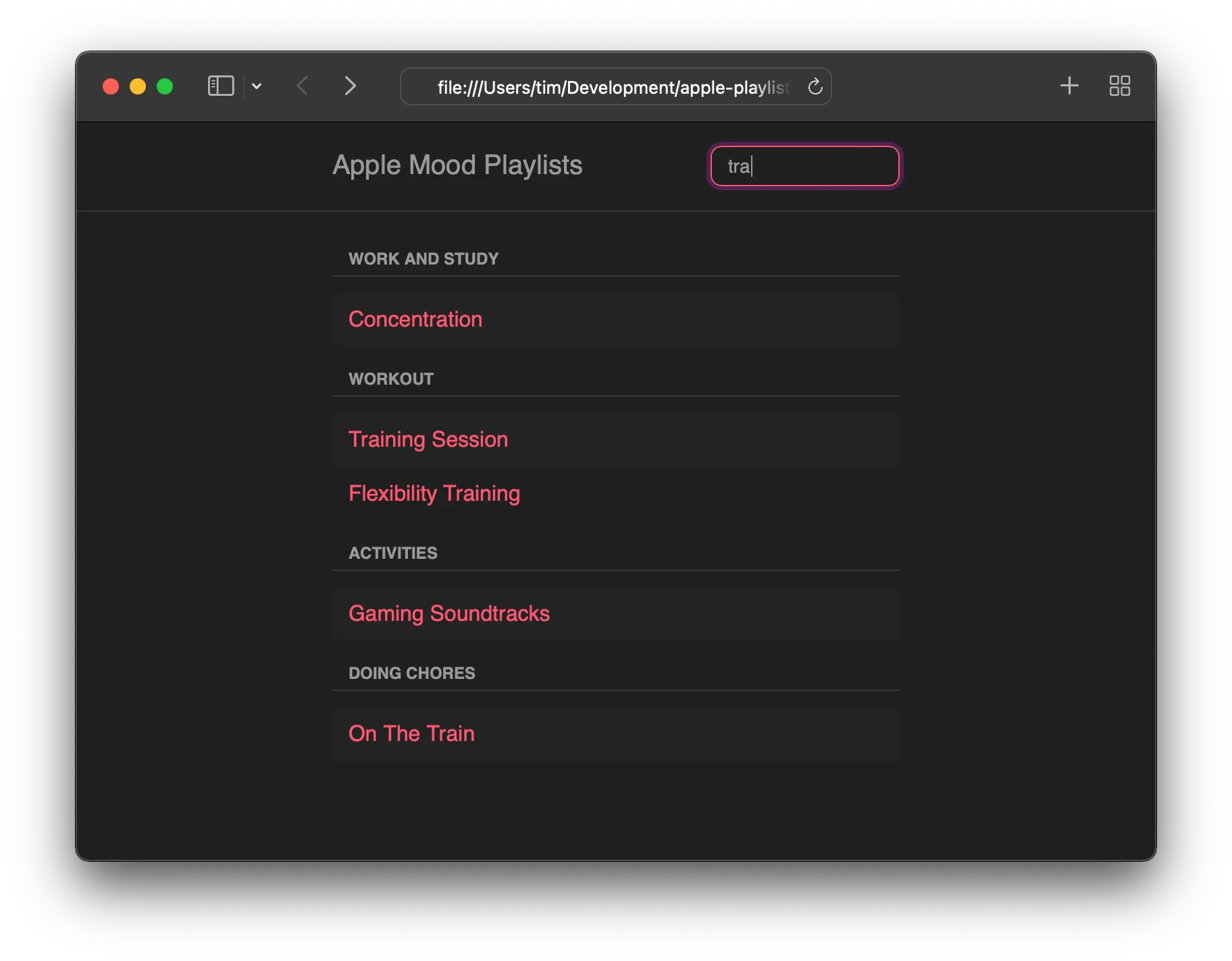 The running app with filtering working