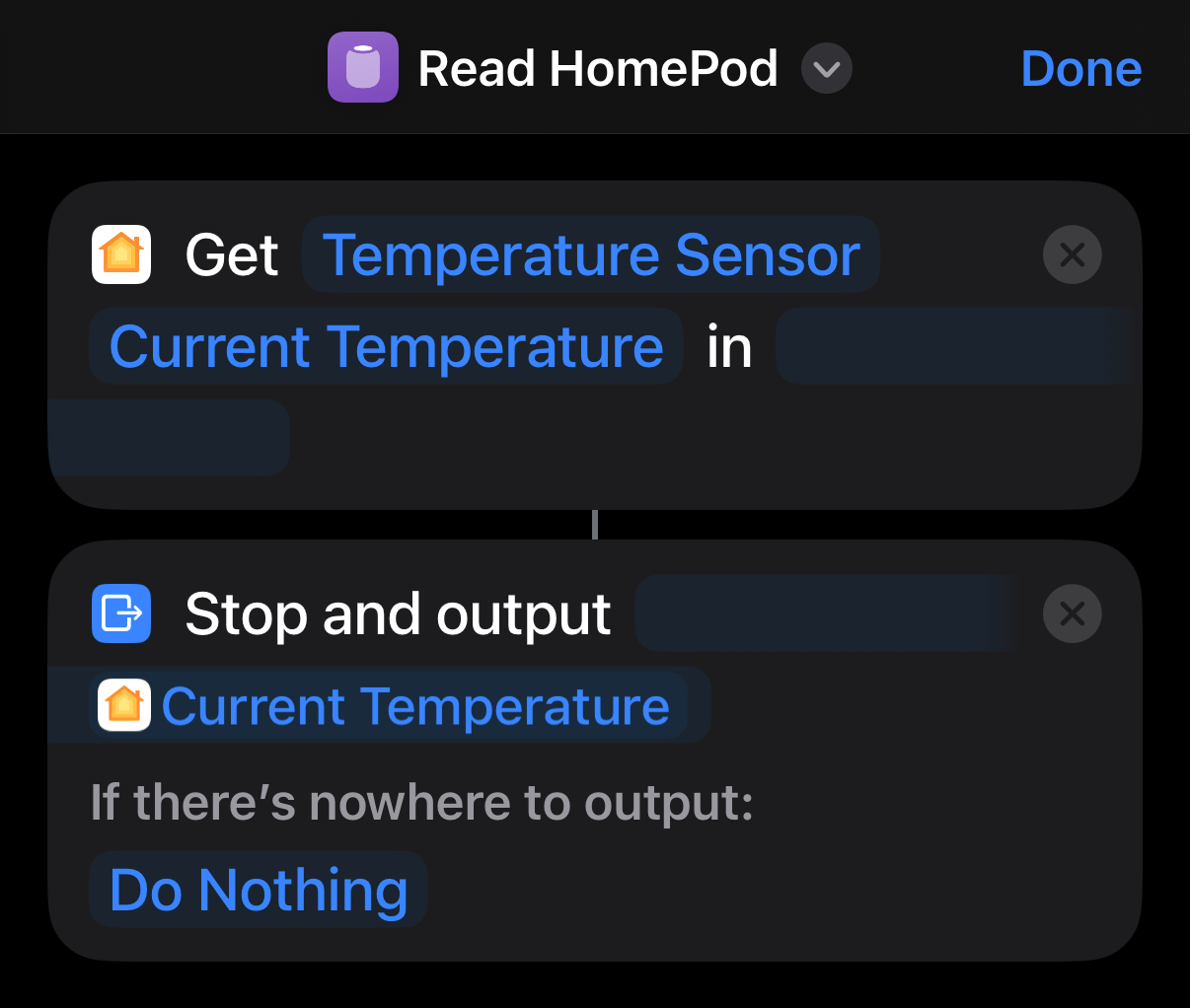 Our simple Shortcut. The nodes included—Get State and Stop and Output—are described below.